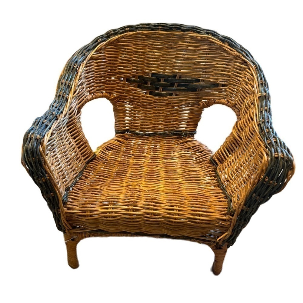 Vintage 18” Doll Wicker Rattan Armchair Tan Brown Accessory